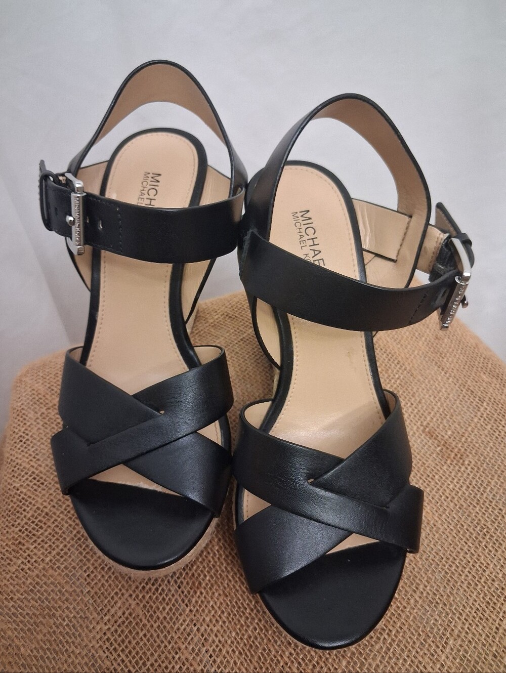 MICHAEL Michael Kors Black Leather Crisscross Ankle Strap Wedge Heel 4.5"hi SZ 6